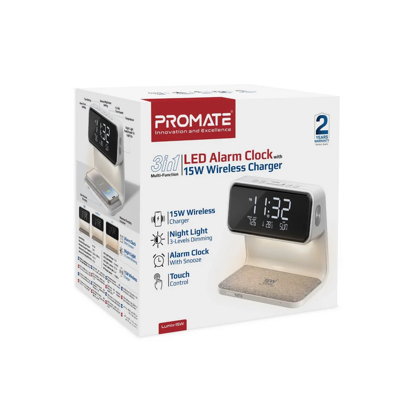 Promate Lumix-15W Multi-Function LED Alarm Clock with 15W Wireless Charger - White Promate Lumix-15W Multi-Function LED Alarm Clock with 15W Wireless Charger - White